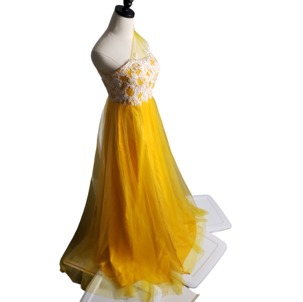 Azazie Ball Gown XS Golden Saffron Fantasy Fairy Tulle Lace One Shoulder Prom - Picture 8 of 17